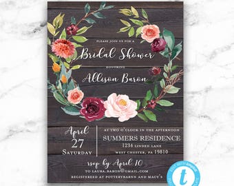 Rustic Bridal Shower Invitation, Floral Wreath, Printable Invite, Editable Instant Download, Wood Background, Burgundy Pink Riley Floral