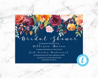 Navy Watercolor Floral Bridal Shower Invitation - Printable Editable Template Instant Download JPEG PDF - Riley Floral - Templett