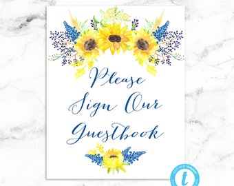 Please Sign Our Guestbook Wedding Sign - Watercolor Sunflower - Editable Template - Printable DIY PDF File - 8x10 - Riley