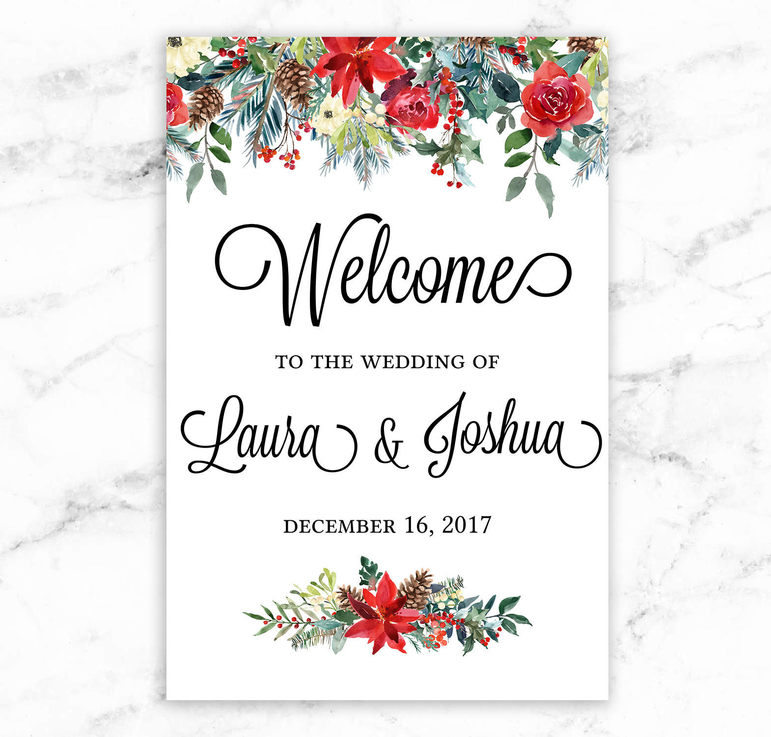 Winter Holly Wedding Welcome Sign Poster - Winter Holly Red Green ...