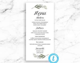 Wedding Menu Card Printable Download - Watercolor Branch Leaf Editable Template - DIY PDF JPEG File