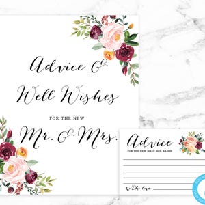 Beratung und Gute Wünsche Zeichen und Karte - Rosa Rote Blumen Brautdusche Karte Zeichen - Bearbeitbare Vorlage - Druckbare DIY PDF JPEG Datei - Riley
