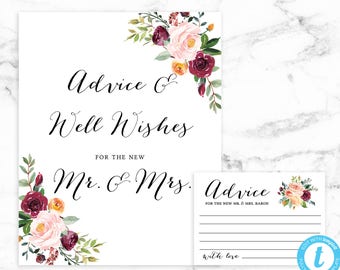 Advice and Well Wishes Sign and Card - Pink Red Flowers Bridal Shower Card Sign - Editable Template - Printable DIY PDF JPEG File - Riley