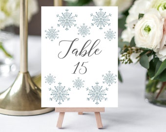 Snowflake Silver Wedding Table Numbers Sign - Winter Snowflake - Editable Table Number Template - Printable DIY PDF JPEG File - 5x7