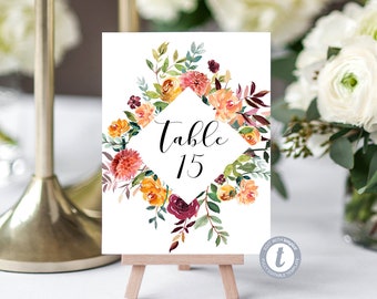 Wedding Table Numbers Sign - Riley Floral Watercolor Flowers - Editable Template - Printable DIY PDF JPEG File