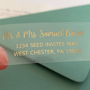 Guest or Return Address Labels, Clear Gold Foil Labels, Calligraphy Address Printing, Envelope Addressing, Printed Mailing Labels 2 5/8 x 1 image 1