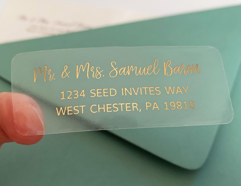 Guest or Return Address Labels, Clear Gold Foil Labels, Calligraphy Address Printing, Envelope Addressing, Printed Mailing Labels 2 5/8 x 1 image 1