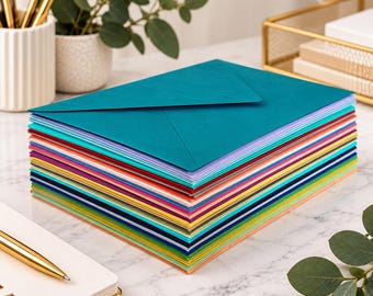May include: A large stack of rectangular paper envelopes in a wide variety of vibrant colors, including teal, light purple, pink, orange, yellow, green, and blue. The envelopes are stacked neatly on top of each other, with the top envelope being teal.