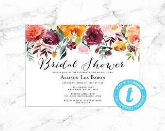 Floral Bridal Shower Invitation - Editable Instant Download - RILEY FLORAL - Demo link in lisitng