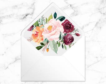 Printable Envelope Liner - Pink Burgundy Flowers - A7 5x7 Envelope - Printable Instant Download PDF - Riley