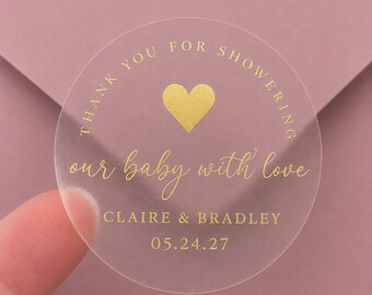 2" Baby Shower Favor Sticker - Thank You Heart Design - Gold Personalized Clear Favor Sticker - 20 Labels - Baby Shower Sticker