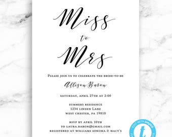 Modern Bridal Shower Invitation, Miss to Mrs Bridal Invite, Simple Modern Script, Printable Editable Template, Instant Download, Templett