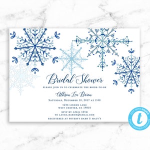 Blue Snowflake Bridal Shower Invitation Winter Snowflake Navy Blue - Printable Editable Template Instant Download JPEG PDF