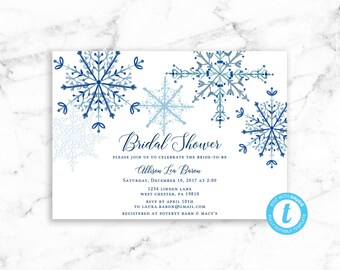 Blue Snowflake Bridal Shower Invitation Winter Snowflake Navy Blue - Printable Editable Template Instant Download JPEG PDF