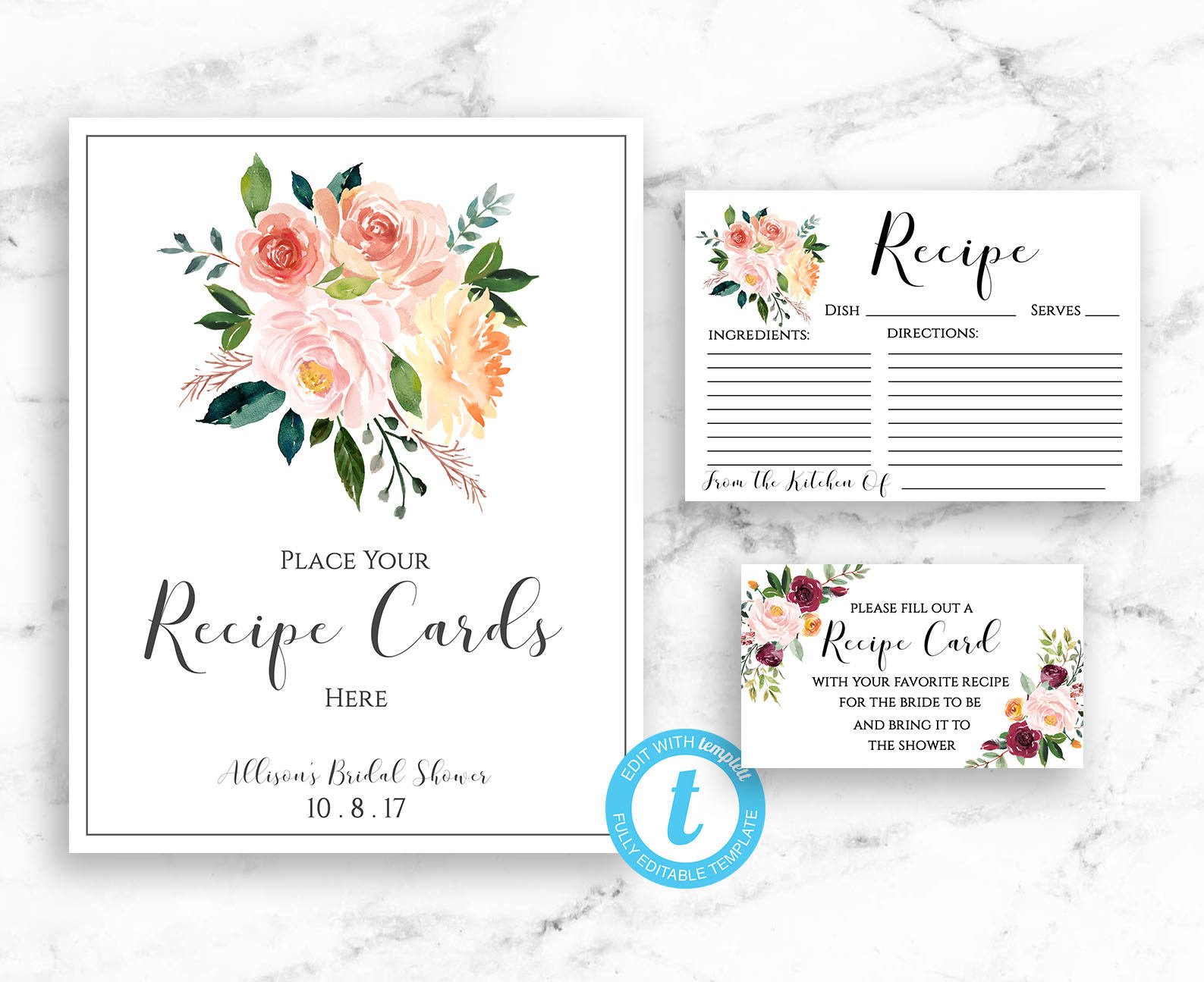 bridal shower recipe card set - recipe cards - shower sign