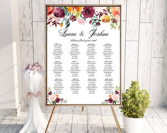 Floral Rose Wedding Seating Chart Sign Poster - Floral Watercolor - Editable Template - Printable DIY PDF JPEG File - 18x24 or 24x36 - Riley