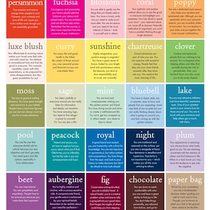 May include: A colorful chart with a grid of 20 squares, each featuring a different color and a corresponding personality description. The chart is titled "Paper Source Colorscope: Let our color palette tell you more about yourself."