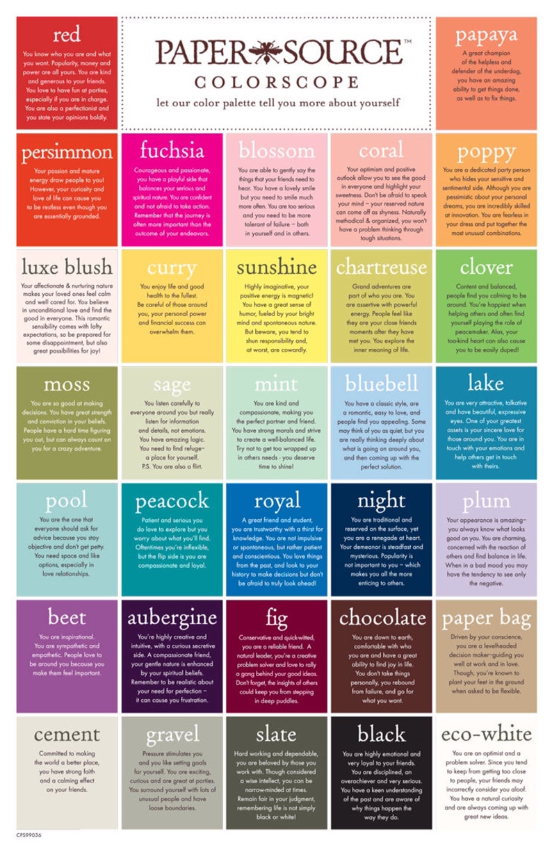 May include: A colorful chart with a grid of 20 squares, each featuring a different color and a corresponding personality description. The chart is titled "Paper Source Colorscope: Let our color palette tell you more about yourself."