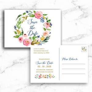 Save the Date Wreath Postcard Post Card - Pink Gold Greenery Pink Rose Wreath - Printable Editable Template Instant Download JPEG PDF