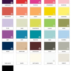 May include: A color chart with 30 different colors, each color is labeled with a name. The colors are arranged in a grid of 5 rows and 6 columns. The colors are a mix of bright and muted colors, including red, blue, green, yellow, purple, orange, brown, and white.