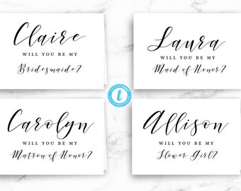 Will You Be My Bridesmaid Card Bundle - Maid / Matron of Honor, Flower Girl - Modern Script - Editable Template Instant Digital Download