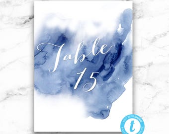 Signe de numéros de table de mariage - aquarelle bleue - modèle modifiable - imprimable bricolage PDF JPEG fichier - 5 x 7