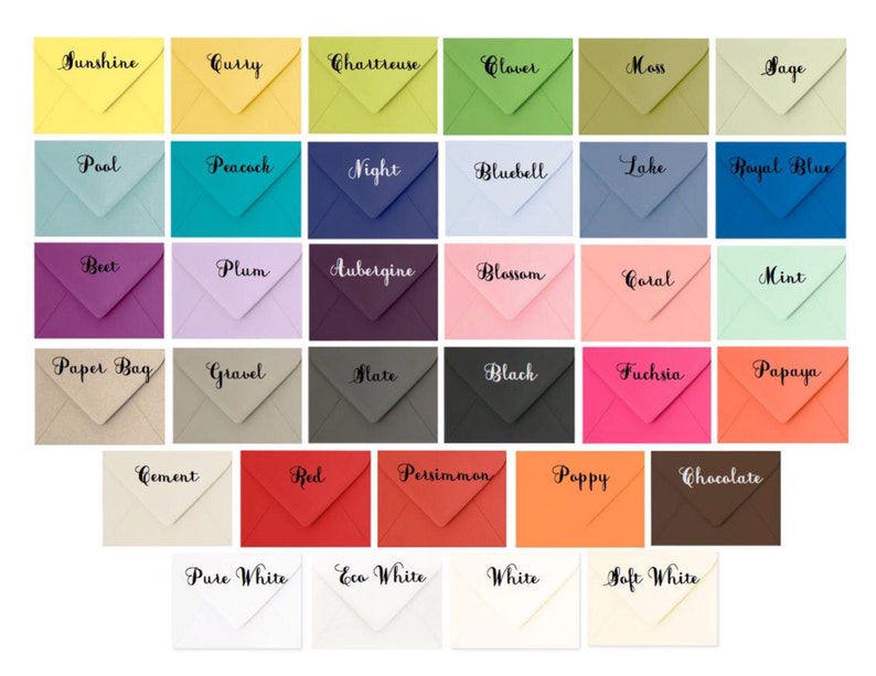 May include: A collection of 36 small envelopes in various colors, each with a different color name written in black cursive script. The colors include: Sunshine, Curry, Chartreuse, Clover, Moss, Sage, Pool, Peacock, Night, Bluebell, Lake, Royal Blue, Beet, Plum, Aubergine, Blossom, Coral, Mint, Paper Bag, Gravel, Mate, Black, Persimmon, Poppy, Fuchsia, Papaya, Chocolate, Cement, Red, Pure White, Eco White, White, and Soft White.