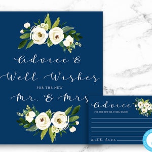 Rat und gut gewünscht Schild und Karte - Weiße Blume dunkelblauer Hintergrund - bearbeitbare Vorlage - druckbare DIY PDF JPEG Datei
