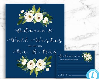 Advice and Well Wished Sign and Card - White Flower Navy Blue Background - Editable Template - Printable DIY PDF JPEG File