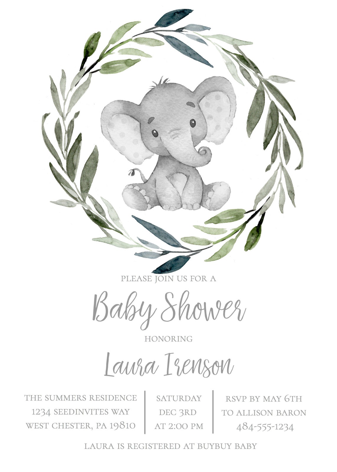Gender Neutral Elephant Baby Shower Invitation Elephant Etsy
