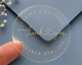 Wedding Thank You Stickers - 2" Clear Sticker with Real Foil Lettering - Heart Calligraphy