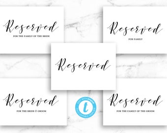 Reserved Wedding Sign Bundle 5 Cards - Modern Script - Editable Template Instant Digital Download - Printable DIY PDF JPEG File