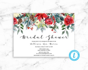 Winter Holly Bridal Shower Invitation Winter Holly Red Green Invite - Printable Editable Template Instant Download JPEG PDF - Templett