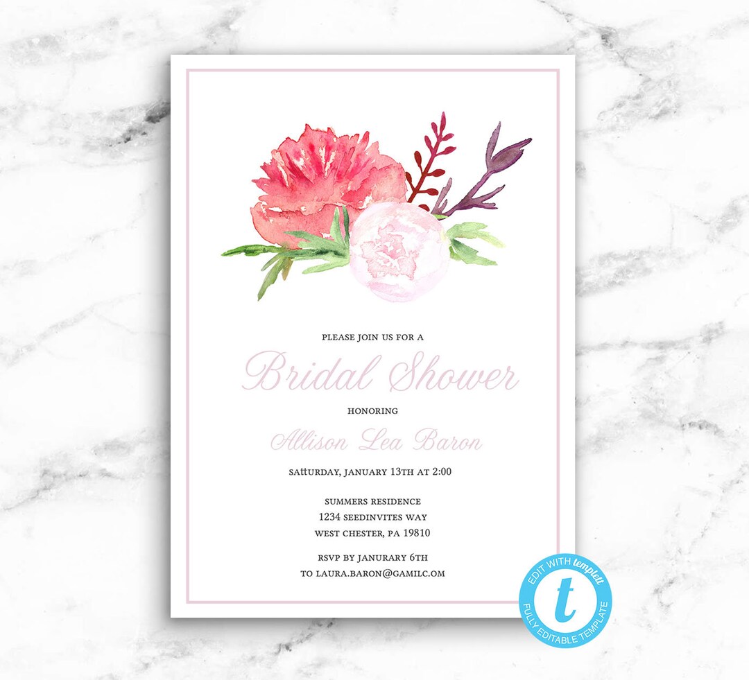 Watercolor Pink Flower Bridal Shower Invitation Pink Flower - Printable ...