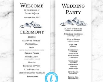 Wedding Program Ceremony Printable Template - Watercolor Mountain - Editable Template - Printable DIY PDF JPEG File