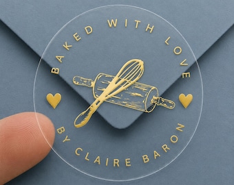 2" Custom Baking Sticker - Gold Foil Baked Goods Sticker - Gold Personalized Clear Favor Sticker - 20 Labels Christmas Cookie Stickers