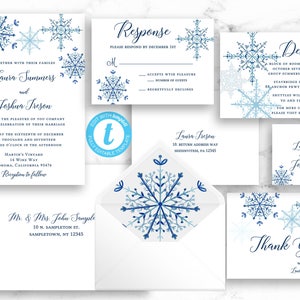 Blue Winter Snowflake Wedding Invitation Suite & Envelope Address Set - Printable Template Editable Instant Download Invites - PDF or JPEG