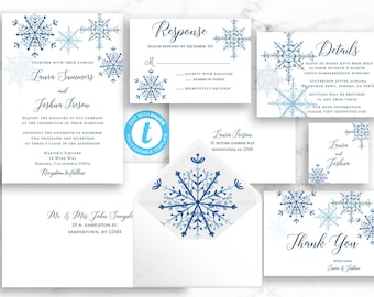 Blue Winter Snowflake Wedding Invitation Suite & Envelope Address Set - Printable Template Editable Instant Download Invites - PDF or JPEG