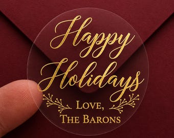 2" Circle Christmas Card Envelope Stickers - Real Gold Foil - Christmas Holiday Stickers - Merry Christmas - Happy Holidays - White or Clear