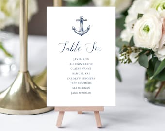 Nautical Wedding Table Numbers Sign - Blue Anchor - Editable Table Number Template - Printable DIY PDF JPEG File - 5x7