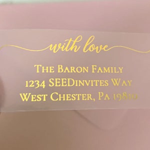 Return Address Labels, Clear Gold Foil Labels, Calligraphy Address Printing, Envelope Addressing, Printed Mailing Labels 2 5/8” x 1