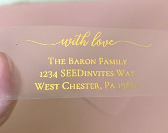 Return Address Labels, Clear Gold Foil Labels, Calligraphy Address Printing, Envelope Addressing, Printed Mailing Labels 2 5/8” x 1