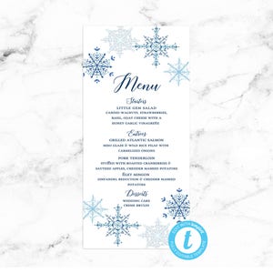 Menukaart bruiloft - Winter Snowflake Navy - bewerkbare sjabloon - afdrukbaar DIY PDF JPEG-bestand