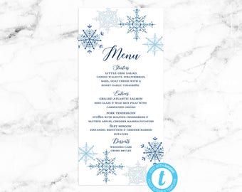 Wedding Menu Card - Winter Snowflake Navy - Editable Template - Printable DIY PDF JPEG File