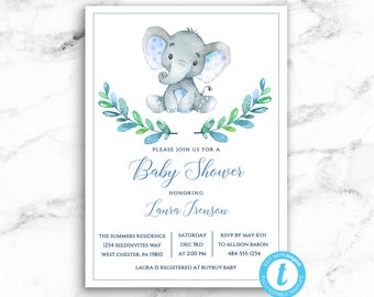 Invito per baby shower a forma di elefante - Safari per neonati con elefante - Download immediato modificabile JPEG PDF - Templett - Invito modificabile