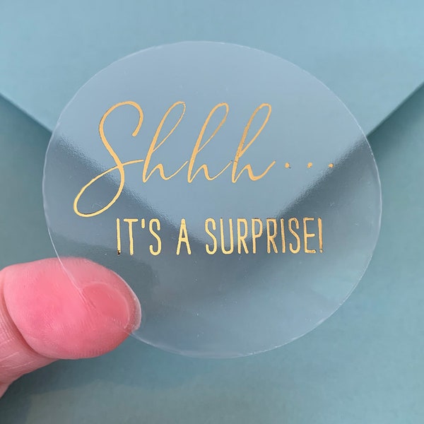 2" Surprise Party Envelope Sticker Label -  Real Foil  - Gold - Rose Gold - Silver Personalized Clear Envelope Seals 20 per sheet