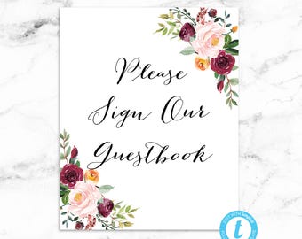 Please Sign Our Guestbook Wedding Sign - Pink Red Flower Bridal Shower Card Sign - Editable Template - Printable DIY PDF File - 8x10 - Riley