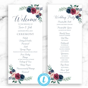Wedding Program Ceremony Printable Template - Burgundy Navy Flowers - Editable Template - Printable DIY PDF JPEG File