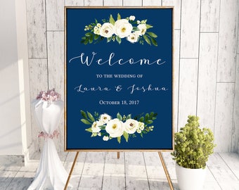 Navy White Rose Wedding Welcome Sign Poster - White Flower Navy - Editable Template - Printable DIY PDF JPEG File - 18x24 or 24x36