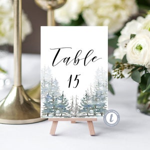 Wedding Table Numbers Sign - Winter Wedding Woodland Forrest Trees - Editable Table Number Template - Printable DIY PDF JPEG File - 5x7